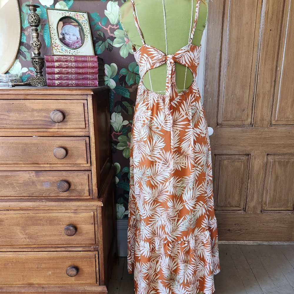 Iris Womens Tropical Palm Print Maxi Dress L Orange White Babydoll Empire Cutout - Picture 6 of 8